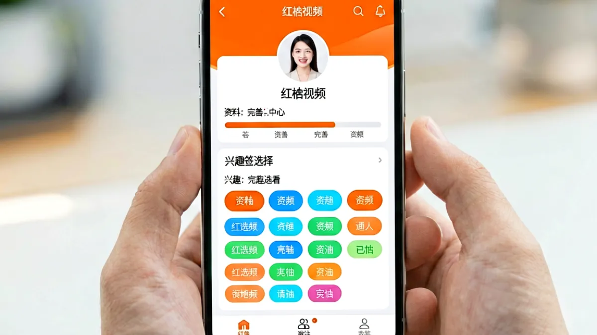 红杏视频个人中心界面特写，显示兴趣标签选择区域和资料完善进度条，橙白色调清晰易读