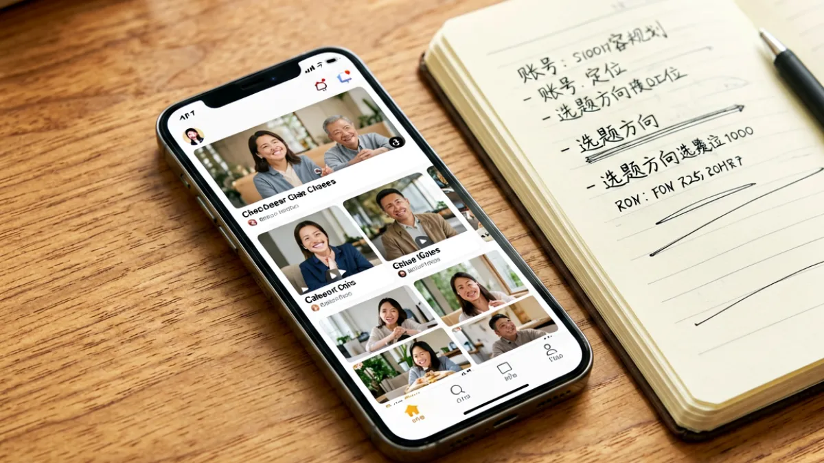 手机屏幕上展示多个热门短视频平台的界面缩略图，旁边有笔记本记录账号定位思路