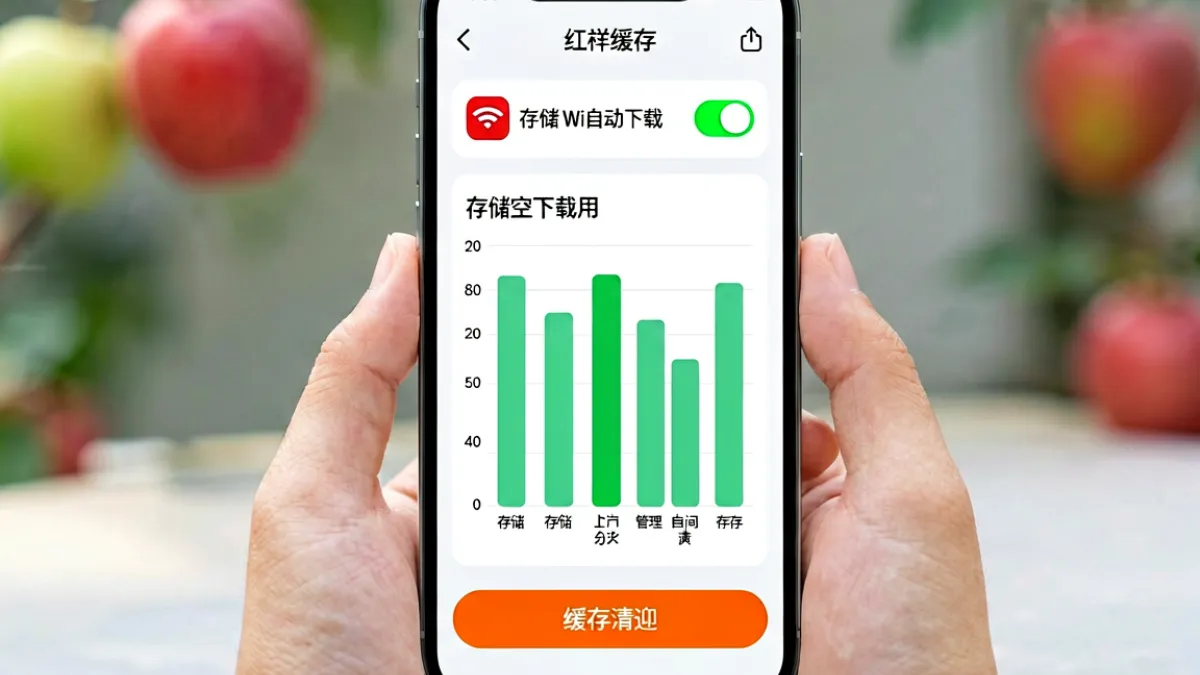红杏视频离线缓存设置界面截图，屏幕上显示WiFi自动下载开关和存储空间使用情况，右侧有缓存清理按钮